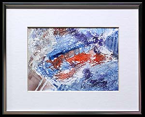 Patriot I is an original mixed media artwork by Louise Steinbach. This abstract includes blue, red-orange, and white.