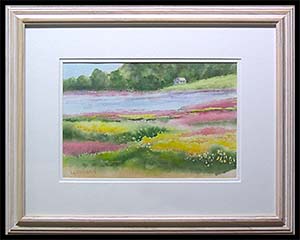 Along the Mississippi is a landscape watercolor painting by Louise Steinbach of the green, yellow, and red vegetation along a light blue river.