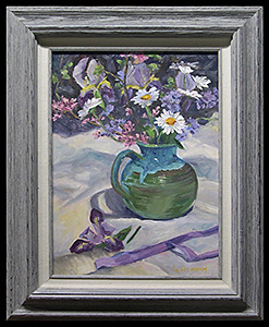 Green and Aqua Pitcher with Flowers is an original oil painting by L.K. Steinbach. The irises and daisies are in a blue and green ceramic pot set on a cloth. In front of the pot is a fallen flower and purple ribbon to complete the composition.