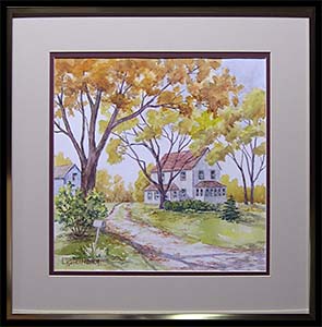 On the Road to New Lenox is an original watercolor painting by Louise Steinbach. This landscape depicts a white country house amidst the orange and yellow tree foliage of autumn.