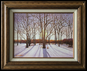Shadows is an original oil painting by L.K. Steinbach. This landscape features bare trees in the winter snow with the sun low on the horizon behind the trees causing them to cast long shadows in the snow directly toward the viewer.