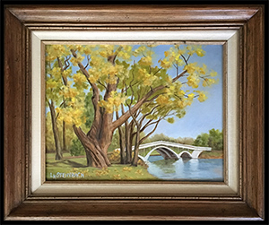 Bridge at Botanical Garden, Toronto is an original oil painting by Louise Steinbach done in a traditional style which depicts a pretty bridge over placid water at the Toronto Botanical Garden in the fall.