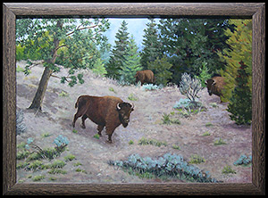 Buffalo at Yellowstone is a landscape oil painting by L K Steinbach featuring three buffalo, two of whom are looking at the viewer.
