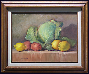 Cabbage with Potatoes and Lemons is a tradional still life oil painting by Louise Steinbach. This kitchen decor features a beautiful green cabbage behind two red potatoes and three yellow lemons on a brown table cloth.