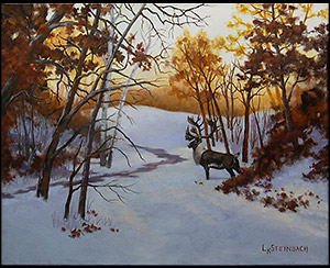 On the Lookout is a landscape oil painting on wrap around canvas by Louise Steinbach of an alert caribou with magestic antlers standing in the snow and surrounded by trees whose leaves have turned a rusty orange color.