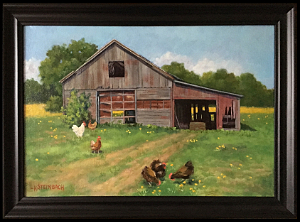 Free Range Chickens by an Old Wooden Barn is an original oil painting by L.K. Steinbach depicting six chickens foraging in the green grass in front of an old wooden barn.