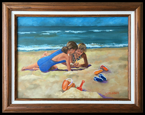 Fun at the Beach is an original oil painting by L.K. Steinbach. This genre art depicts two girls on the beach comparing shells they have found. A sand pail with shovel and flip flops are in the foreground with teal blue water and sky filling the background.