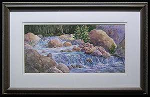 Colorado Stream is an original watercolor painting by L K Steinbach. This landscape depicts a rocky rushing blue stream with a small waterfall surrounded by boulders.