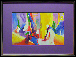 My Compliments is an original watercolor painting by L K Steinbach. This colorful abstract consists of bright primary colors and is framed with a purple mat.
