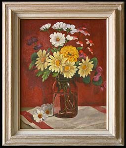 Country Bouquet is a traditional floral still life oil painting by L K Steinbach of yellow and white flowers in a mason jar.
