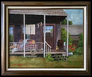 Home Sweet Country Home Front Porch is an original oil painting by L.K. Steinbach. This artwork was painted in a traditional style and depicts a front porch with laundry on the clothesline and a teddybear on the couch.