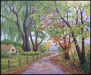Country Road in Autumn is a landscape oil painting on wrap around canvas by L K Steinbach of a curving country road bordered on one side by a wooden fence.