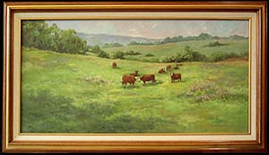 Cows in the Meadow is a landscape oil painting by L K Steinbach of brown cows grazing in a pasture of rolling hills.