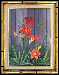 Day Lilies by a Fence is an original oil painting by L.K. Steinbach. This floral painting features sharp red-orange daylilies with yellow buds in front of an out of focus gray wooden fence.