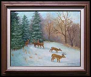 Watchful Waiting is an original landscape oil painting by Louise Steinbach done in a traditional style which features a family of five deer in the snowy woods as they cautiously move from the safety of the trees into a clearing.