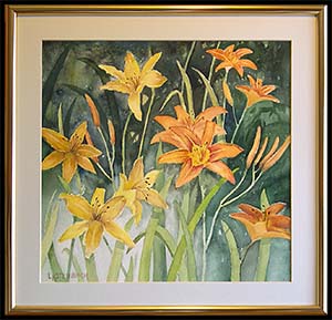 Roadside Lilies is an original watercolor painting by L K Steinbach. This floral depicts orange and yellow daylilies on a green background.