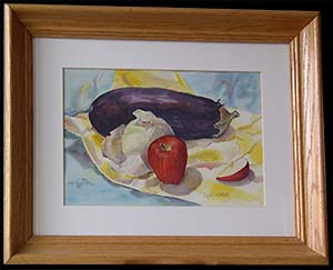Still Life with Eggplant and Apple is an original kitchen decor watercolor painting depicting an eggplant, apple, and white onion on a yellow cloth over a blue background.