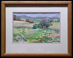 Field with Flowers is an original mixed media painting by L K Steinbach. This landscape depicts a rolling green meadow with flowers and trees.