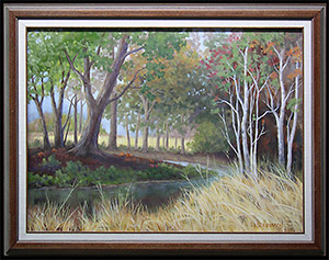 Field and Stream is a traditional landscape oil painting by L K Steinbach of a stream flowing through the woods with a clearing visible in the distance.