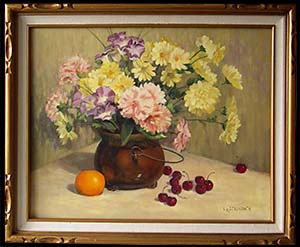 Floral with Cherries is a traditional still life oil painting of a bouquet of flowers arranged in a copper pot near cherries and an orange.
