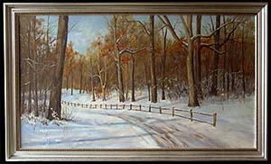 Forest Preserve, Cook County, IL is an original landscape oil painting by L K Steinbach of a snow covered path through the woods.