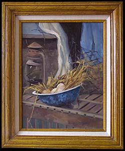 Fresh Eggs is an original still life oil painting by L K Steinbach of eggs and straw in a blue bowl in rustic surroundings.