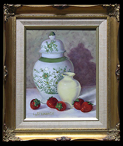 Ginger Pot with Strawberries is a traditional still life oil painting by L K Steinbach of five red strawberries on white linen near a small yellow vase and a green and white decorative pot.