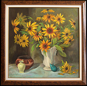 Gloriosa Daisies by a Blue Mouse is a traditional still life oil painting by Louise Steinbach.
