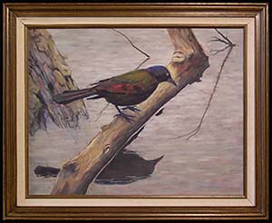 Grackle at Little Red Schoolhouse is an oil painting by L K Steinbach of a grackle on a branch looking into the lake water.