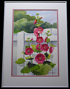 Hollyhocks by a White Fence is an original watercolor painting by L K Steinbach. This floral depicts deep pink flowers in front of a white fence.