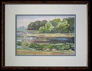 Iowa Waterlilies is an original watercolor painting by Louise Steinbach. This landscape depicts waterlilies in a lake whose far side is bordered by trees.