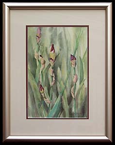 Iris Buds is a floral watercolor painting by L K Steinbach of plum-colored iris buds in a soft sea of light green leaves and stems.