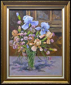 Irises and Chives by a Window is a traditional floral still life oil painting by Louise Steinbach of a bouquet of irises and chives in a crystal vase.