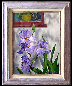 Orinda Irises is an original oil painting by L K Steinbach. This floral features lavender irises growing along an off-white wall with a red framed window.