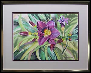 Little Grapette is an original watercolor painting by L K Steinbach. This floral depicts a purple daylily and buds from above, with a dynamic burst of leaves as a backdrop.