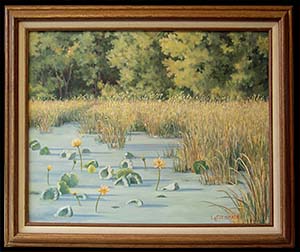 Lotus Pond is a traditional landscape oil painting by Louise Steinbach.