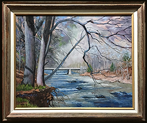 Bridge at Morris State Park in Winter is an original oil painting on stretched canvas by Louise Steinbach which features a bridge crossing over a blue stream in beautiful Morris, Illinois.