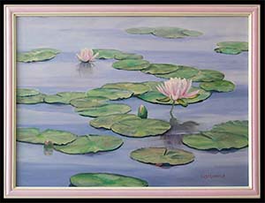 June Lilies is an original oil painting by Louise Steinbach of green lily pads and pink water lilies on calm blue water.