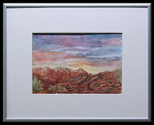 Placita de Agosto View is an original watercolor painting by L K Steinbach. This landscape depicts brown mountains under a blue, purple, and peach pastel sky.