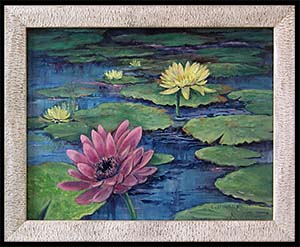 Pond Lilies is an original acrylic painting by Louise Steinbach depicting lemon yellow and mauve water lilies with green lily pads in beautiful blue water.