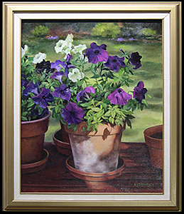 JoAnn’s Petunias is an original oil painting by Louise Steinbach of purple and white flowers in clay flower pots on a wooden picnic table.
