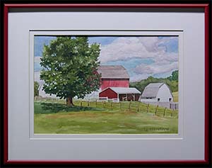 Heartland is a landscape watercolor painting by Louise Steinbach depicting a bucolic scene featuring red and white barns in a green field under a blue sky.