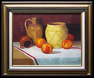 Rope Pot with Nectarines is an traditional still life oil painting by Louise Steinbach.