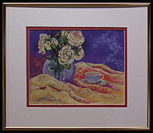 Roses on a Gold Cloth is an original pastel drawing by L K Steinbach. This still life depicts a bouquet of white roses in a blue glass vase next to a white teacup on a gold cloth.