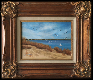 From the Shores of Delaware is an original oil painting by Louise Steinbach. This landscape features a view from the Delaware shore of sailboats in the water, seagulls in the air, and a coastline in the distance.