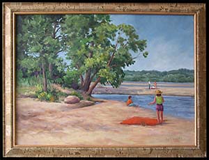 Sandbar, Wisconsin River is a landscape oil painting by Louise Steinbach of people on a beach in a wooded area.