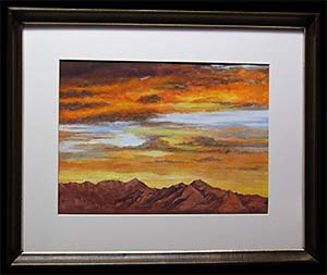 Santa Rita Sunset II is an original watercolor painting by L K Steinbach. This cloudscape depicts an intense orange sky over a brown mountain range at sunset.