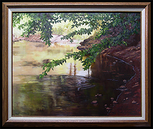 Secluded Spot on Golden Pond is an original landscape oil painting by Louise Steinbach done in a traditional style of the edge of a pond with a surface that reflects the gold and spring green colors of the foliage that surrounds it. Water ripples outward below the branches that overhang the water.