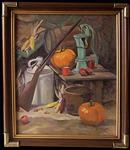 Pump with Red Enamel Cup is a traditional oil painting by L K Steinbach. This rustic still life includes a shotgun, pumpkins, a wooden bucket, a jug, and more.