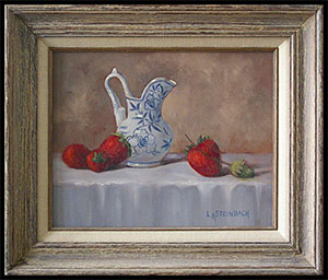 Strawberries and Cream is an original still life oil painting by Louise Steinbach. This kitchen decor features strawberries and a small pitcher on a white tablecloth.